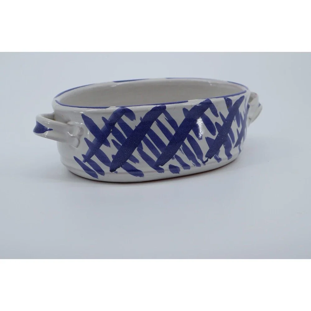 Signed Studio Pottery Oval Baker Blue White Crosshatch Ceramic Dish 1970s